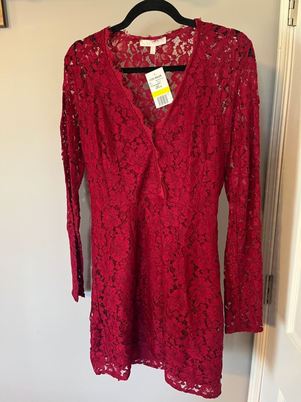 NEW WAYF Burgundy Lace Long Sleeve V-Neck Dress